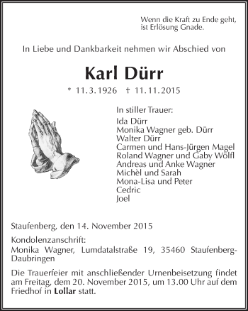 Traueranzeige von Karl Dürr von  Gießener Anzeiger