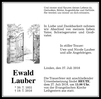 Traueranzeige von Ewald Lauber von  Gießener Anzeiger