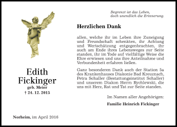 Traueranzeige von Edith Fickinger von  Allg. Zeitung Bad Kreuznach
