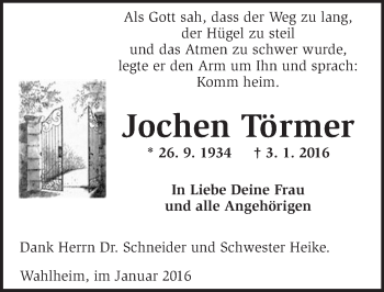 Traueranzeige von Jochen Törmer von  Allgemeine Zeitung Alzey