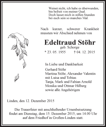 Traueranzeige von Edeltraud Stöhr von  Gießener Anzeiger