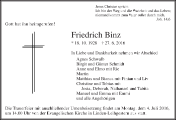 Traueranzeige von Friedrich Binz von  Gießener Anzeiger
