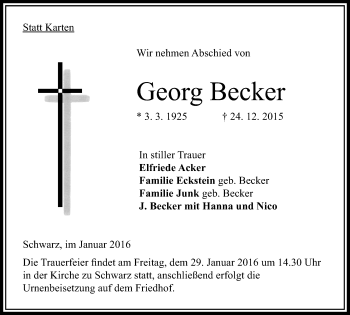 Traueranzeige von Georg Becker von VRM Trauer