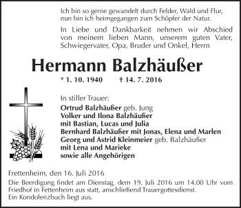 Traueranzeige von Hermann Balzhäußer von Trauerportal Rhein Main Presse