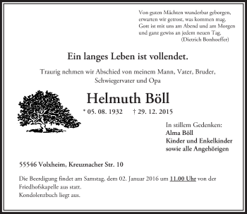 Traueranzeige von Helmuth Böll von  Allg. Zeitung Bad Kreuznach