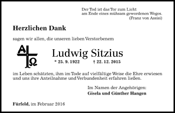 Traueranzeige von Ludwig Sitzius von  Allg. Zeitung Bad Kreuznach