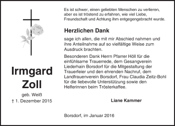 Traueranzeige von Irmgard Zoll von  Sonntags Anzeiger