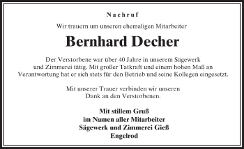 Traueranzeige von Bernhard Decher von VRM Trauer