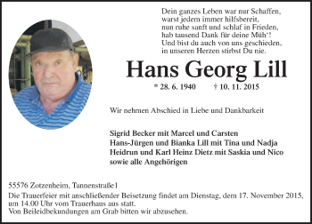 Traueranzeige von Hans Georg Lill von  Allgemeine  Zeitung Ingelheim-Bingen Traueranzeige von Hans Georg Lill von  Allgemeine  Zeitung Ingelheim-Bingen