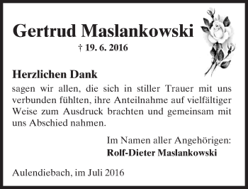 Traueranzeige von Gertrud Maslankowski von  Sonntags Anzeiger