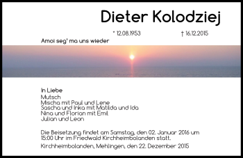 Traueranzeige von Dieter Kolodziej von  Wormser Zeitung