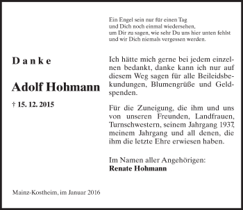 Traueranzeige von Adolf Hohmann von  Allgemeine Zeitung Mainz