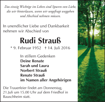 Traueranzeige von Rudi Strauß von Trauerportal Echo Online