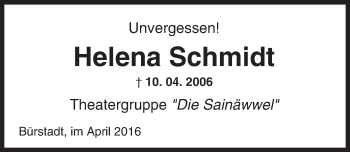 Traueranzeige von Helena Schmidt von  Bürstädter Zeitung