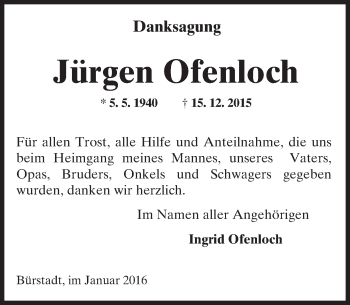 Traueranzeige von Jürgen Ofenloch von  Bürstädter Zeitung