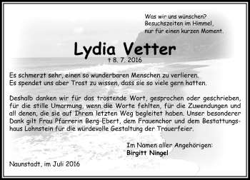 Traueranzeige von Lydia Vetter von  Usinger Anzeiger