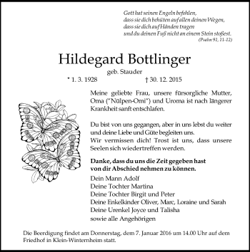 Traueranzeige von Hildegard Bottlinger von  Allgemeine Zeitung Mainz