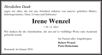 Traueranzeige von Irene Wenzel von  Sonntags Anzeiger