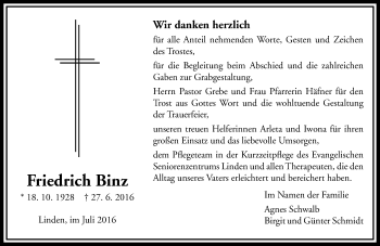 Traueranzeige von Friedrich Binz von  Gießener Anzeiger
