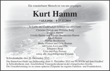 Traueranzeige von Kurt Hamm von  Allgemeine  Zeitung Ingelheim-Bingen