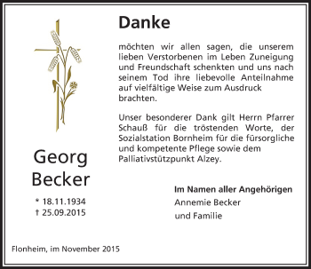 Traueranzeige von Georg Becker von  Allgemeine Zeitung Alzey