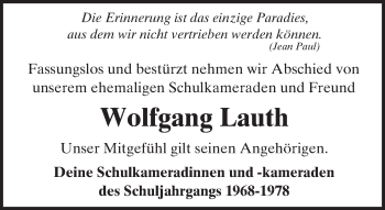 Traueranzeige von Wolfgang Lauth von  Usinger Anzeiger
