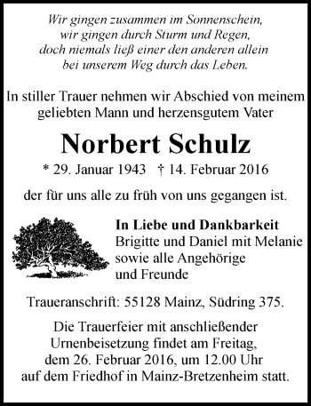 Traueranzeige von Norbert Schulz von  Allgemeine Zeitung Mainz