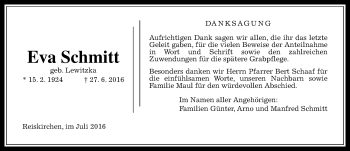 Traueranzeige von Eva Schmitt von  Gießener Anzeiger