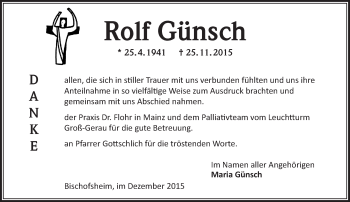 Traueranzeige von Rolf Günsch von  Allgemeine Zeitung Mainz