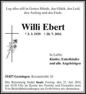 Traueranzeige von Willi Ebert von Trauerportal Rhein Main Presse