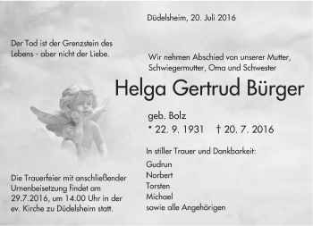 Traueranzeige von Helga Gertrud Bürger von  Kreisanzeiger
