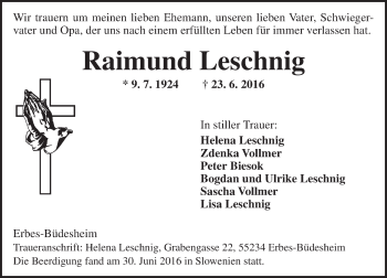 Traueranzeige von Raimund Leschnig von Trauerportal Rhein Main Presse
