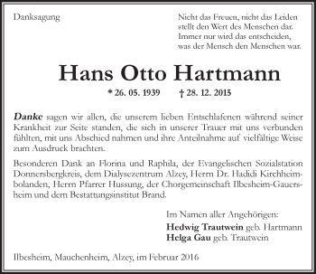 Traueranzeige von Hans Otto Hartmann von  Allgemeine Zeitung Alzey