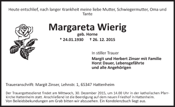 Traueranzeige von Margareta Wierig von  Rheingau