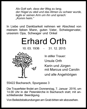 Traueranzeige von Erhard Orth von  Allgemeine  Zeitung Ingelheim-Bingen
