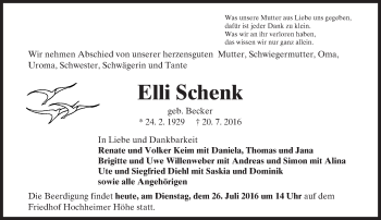 Traueranzeige von Elli Schenk von Trauerportal Rhein Main Presse