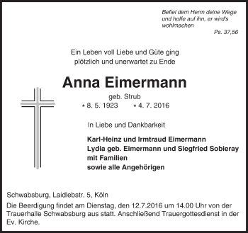 Traueranzeige von Anna Eimermann von Trauerportal Rhein Main Presse