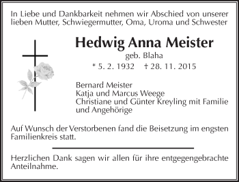 Traueranzeige von Hedwig Anna Meister von  Gießener Anzeiger