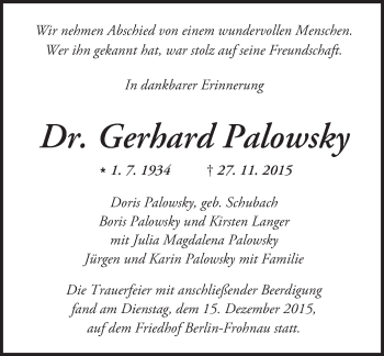 Traueranzeige von Gerhard Palowsky von  Kreisanzeiger