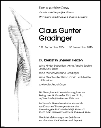 Traueranzeige von Claus Gunter Gradinger von  Wormser Zeitung