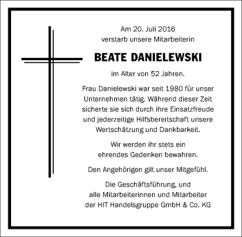 Traueranzeige von Beate Danielewski von Trauerportal Rhein Main Presse