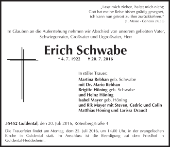 Traueranzeige von Erich Schwabe von Trauerportal Rhein Main Presse