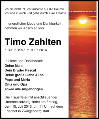 Traueranzeige von Timo Zahlten von Trauerportal Echo Online
