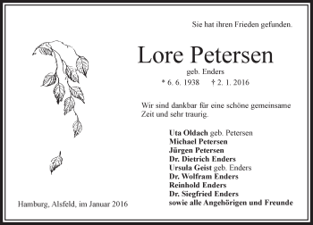 Traueranzeige von Lore Petersen von VRM Trauer
