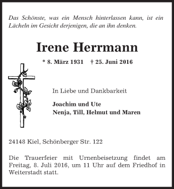 Traueranzeige von Irene Herrmann von Trauerportal Echo Online