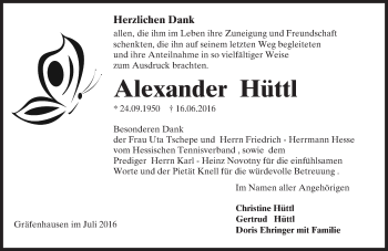Traueranzeige von Alexander Hüttl von Trauerportal Echo Online
