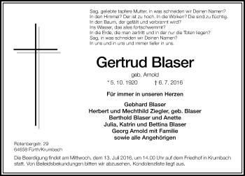 Traueranzeige von Gertrud Blaser von Trauerportal Echo Online