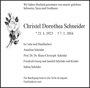 Traueranzeige von Christel Dorothea Schneider von  Allgemeine  Zeitung Ingelheim-Bingen