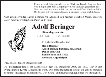 Traueranzeige von Adolf Beringer von  Kreisanzeiger