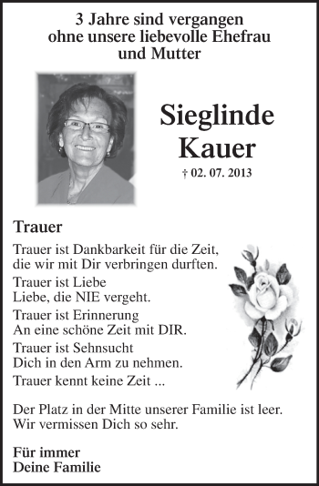 Traueranzeige von Sieglinde Kauer von Trauerportal Rhein Main Presse